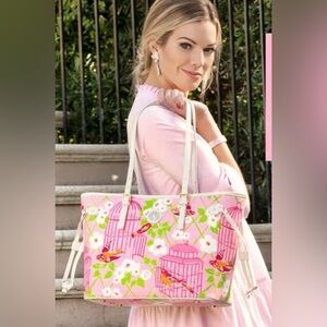 Spartina 449 Pink White Floral Bird Jetsetter Tote EUC